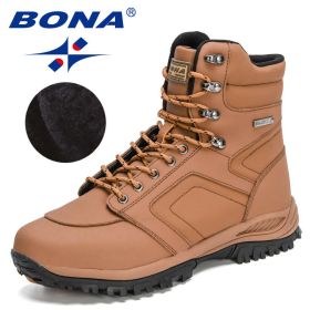 BONA 2022 New DesignersAction Leather Winter Ankle Boots Men Tactical Plush Anti-Skidding Classical Footwear Man Hiking Boots (Color: Light brown black)