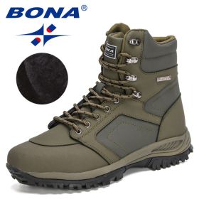 BONA 2022 New DesignersAction Leather Winter Ankle Boots Men Tactical Plush Anti-Skidding Classical Footwear Man Hiking Boots (Color: Army green S gray)