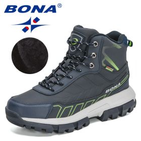 BONA 2022 New Designers Action Leather Winter Brand Snow Boots Men Super Warm Ankle Boots Man Plush Hiking Soft Boots Mansculino (Color: Deep blue F green)