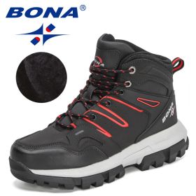 BONA 2022 New Designers Action Leather Brand Winter Warm Snow Boots Men Plush High Quality Hiking Boots Man Outdoor Footwear (Color: Charcoal grey red)