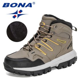 BONA 2022 New Designers Action Leather Brand Winter Warm Snow Boots Men Plush High Quality Hiking Boots Man Outdoor Footwear (Color: Medium gray black)