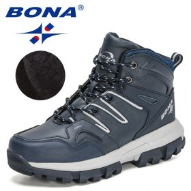 BONA 2022 New Designers Action Leather Brand Winter Warm Snow Boots Men Plush High Quality Hiking Boots Man Outdoor Footwear (Color: Deep blue S gray)
