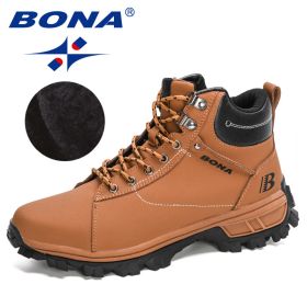 BONA 2022 NewDesigners Nubuck Sports Tactical Boots Men Hiking Mountain Shoes High Top Plush Tactical Footwear Masculino Comfy (Color: Light brown black)