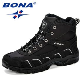 BONA New Trendy Design Men Hiking Shoes Anti-Skid Mountain Climbing Boot Outdoor Athletic Breathable Men Leather Trekking Shoes (Color: Black)