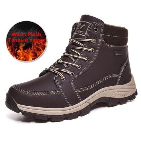 Brand Winter Leather Men Boots Plush Warm Men Snow Boots Outdoor Non-slip Hiking Boots Men Winter Shoes Men Sneakers Size 39-48 (Color: Plush Brown)