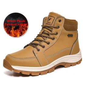 Brand Winter Leather Men Boots Plush Warm Men Snow Boots Outdoor Non-slip Hiking Boots Men Winter Shoes Men Sneakers Size 39-48 (Color: Plush Yellow)
