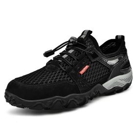 Men's Summer Leather Breathable Outdoor Sports Casual Shoes Non-slip Soft-soled Mesh Surface Hiking Shoes (Option: Black-39)
