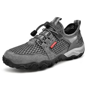 Men's Summer Leather Breathable Outdoor Sports Casual Shoes Non-slip Soft-soled Mesh Surface Hiking Shoes (Option: Gray-45)
